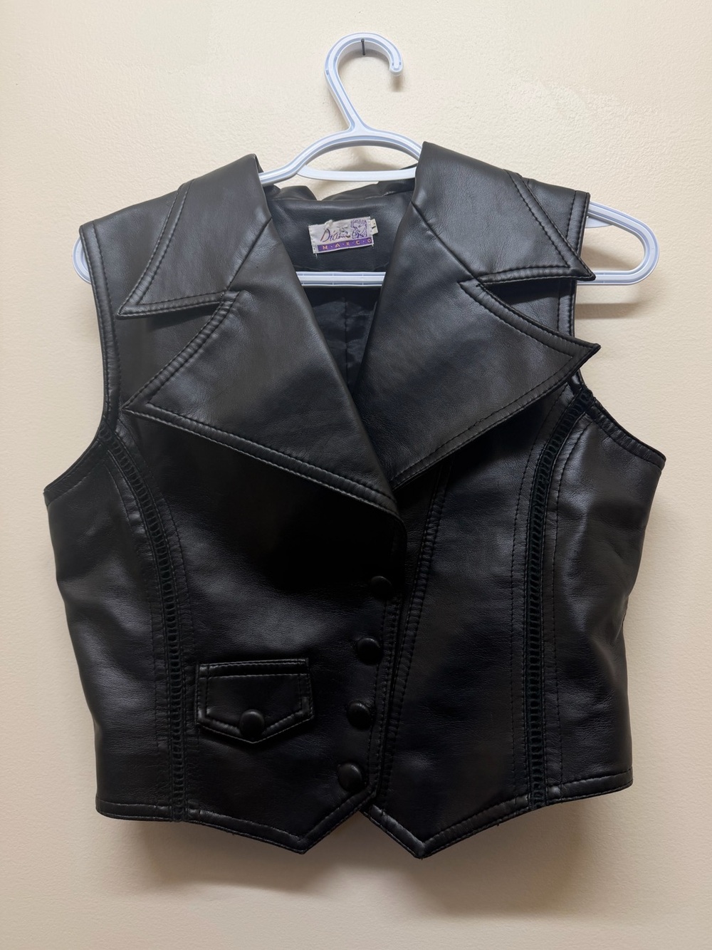 Vintage Black Faux Leather Button Front Vest